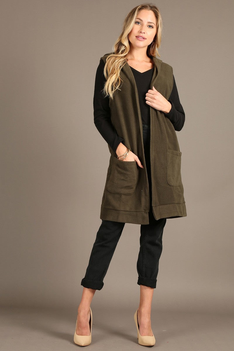 1222.fleece long body vest, over sized, open front, hood, side pockets