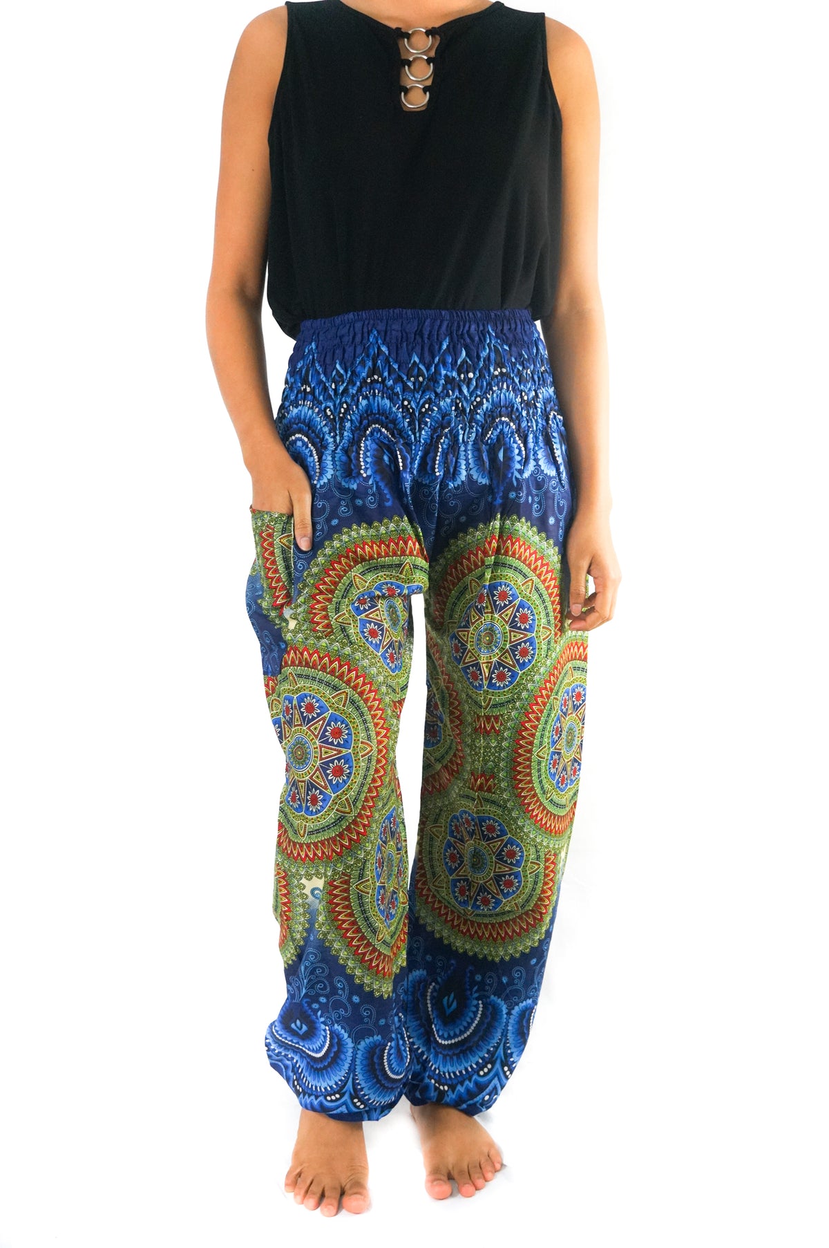 Pantalones boho geométricos azules para mujer Pantalones hippie Pantalones de yoga