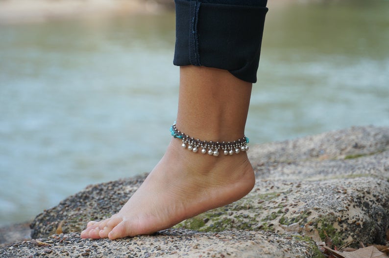Turquoise Silver Bell Boho Anklet
