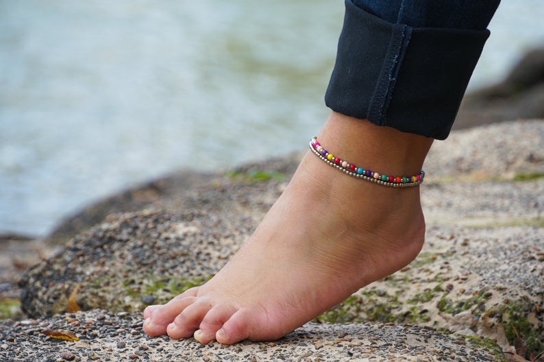 Fancy Dual Band Boho Silver Anklet