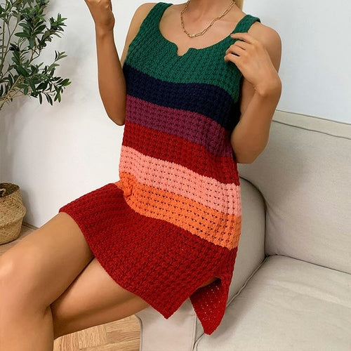 Elegant Colorful Striped Knitted Loose Mini Dress