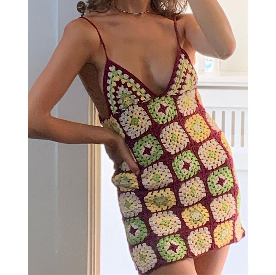 BOHO Summer Colored Striped Hand Crochet Sling Dress
