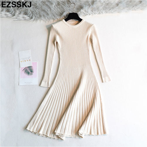 elegant Long sleeve OL O neck long Sweater dress women Thick knit