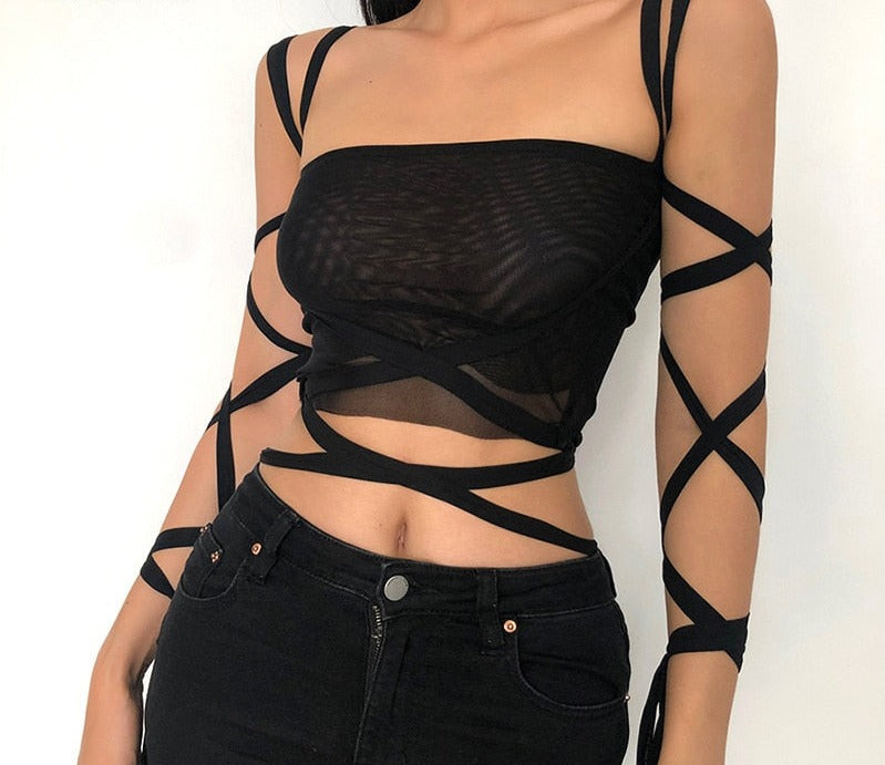 Black Mesh Lace Up Bandage Crop Top Fairy Aesthetic Clothes Cyber Y2k Goth Tanks  Clothing