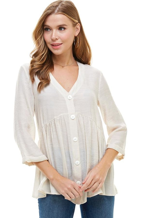 Solid Button Down 3/4 Sleeves Babydoll Blouse