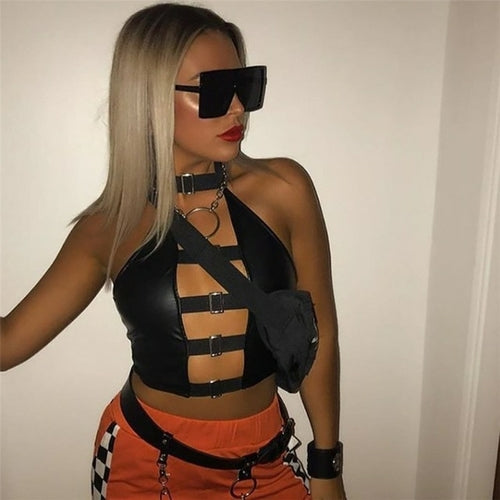 Pu Leather Buckle Sexy Crop Top Women Club Wear Rave Outfit