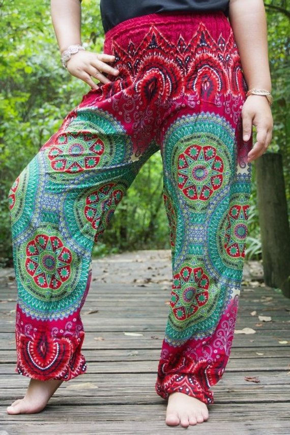 Borgoña GEOMÉTRICO Mujer Pantalones Boho Pantalones Hippie Pantalones Yoga