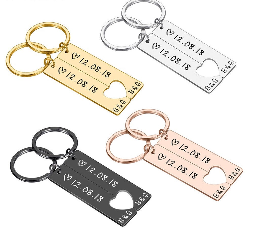 Matching Couple keychain, Anniversary gift for Girlfriend Boyfriend, His Hers Set, Best Friends Gift, Wedding Jewelry, Custom Initial Date - BonoGifts