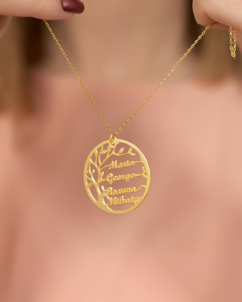 Family Chain Name Chain Family Tree Necklace Up to 4 Wish Name Pendant Mother's Day Personalized Family Chain Name Chain,Tree of Life - BonoGifts