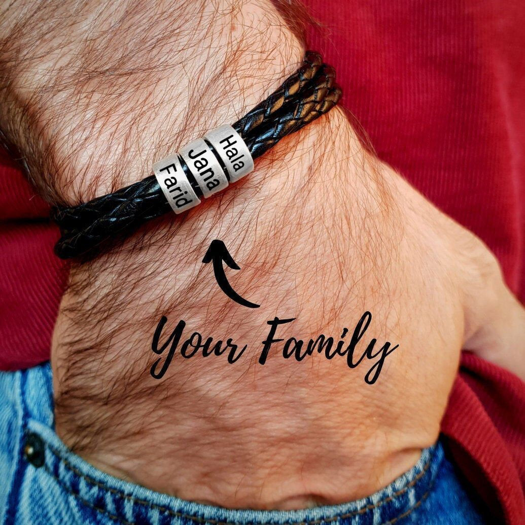 Personalized Men Bracelet | Family Names Men Leather Bracelet | Men Engraved Bracelet | Men's Custom Bracelet Bangle | Silver Bead Bracelet