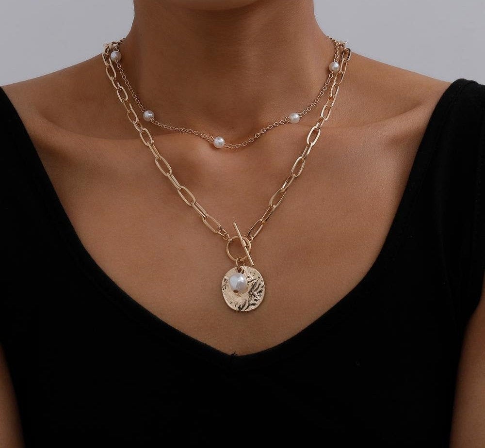 Multi-Layer Pearl Coin Pendant Necklace | Chunky Gold Chain | Baroque Pearl Chain Necklace | Lock Pendant Necklace | Women Lariat Necklace