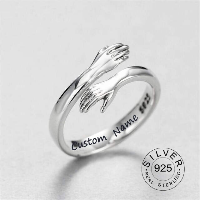 Custom Name Real 925 Sterling Silver hands hug Geometric personalized Ring For Fashion Women Minimalist Accessories Gift - BonoGifts
