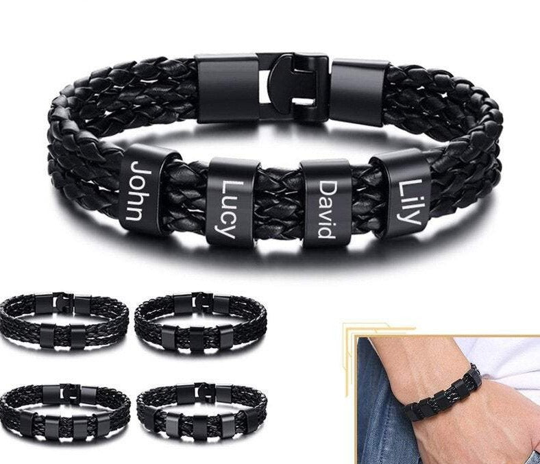 Personalize Family Name Bracelets for Men Black Layered Braided Leather with Stainless Steel Charms Bangle Custom Laser Engrave - BonoGifts
