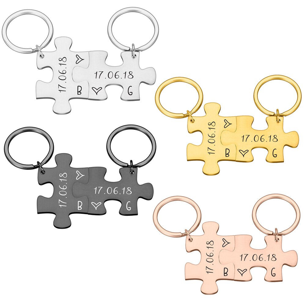 Couples Custom Puzzle Piece Key Chain Set, His and Hers, Date and Initials, Anniversary Gift for Him Personalized, Boyfriend Gift