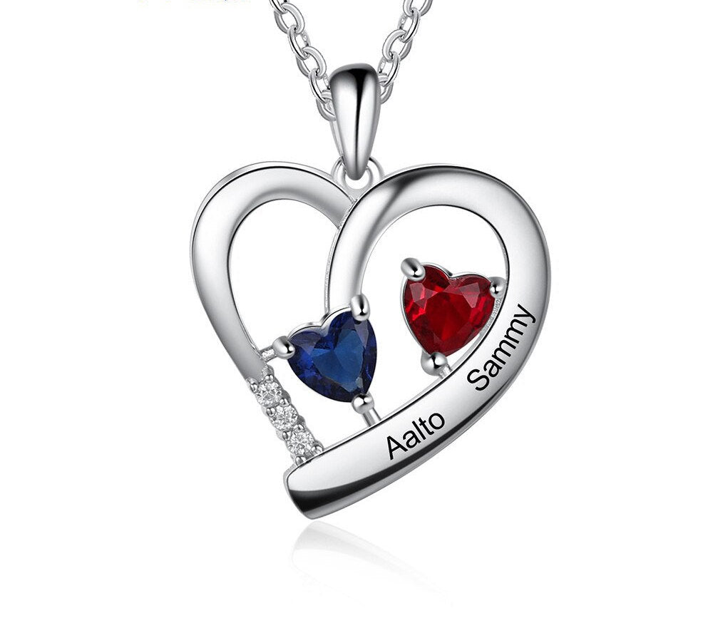 Personalisierte Herz-Halskette mit benutzerdefiniertem Geburtsstein Silber Farbe Gravur Name Anhänger Schmuck Versprechen Geschenke für Liebhaber