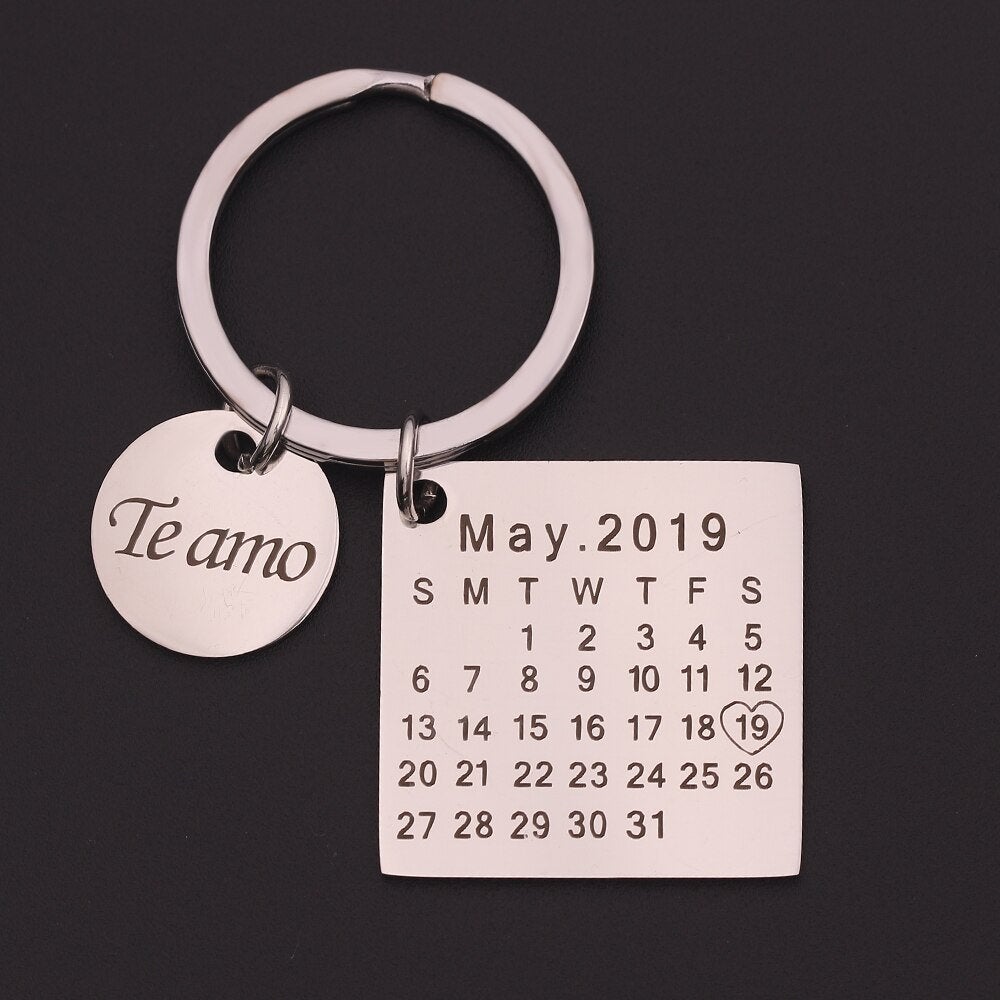 Personalized Custom Calendar Keychain Stainless Steel Key Chain Key Ring Heart Date Engraved Birthday Wedding Anniversary Gift - BonoGifts