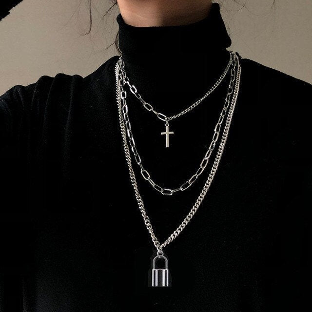 Multilayer Necklace | Cross Necklace | Chain Lock Necklace | Layering Necklace | Hip Hop Long Chain Necklace | Chunky Chain Layered Necklace