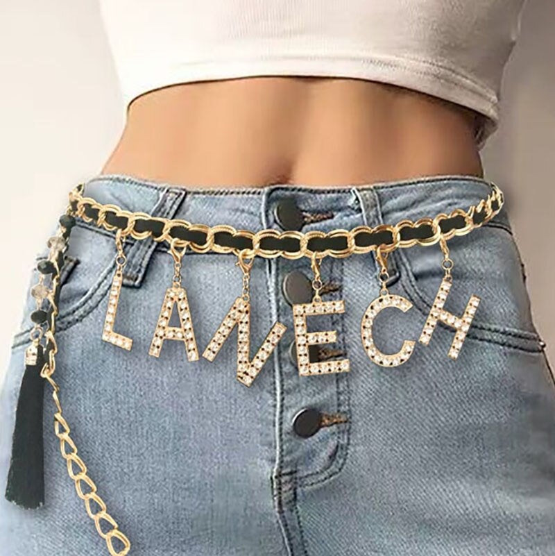 Crystal Letters Name Waist Chain Belt | Custom Name Waist Chain | Stainless Steel Waist Chain Belt | Silver Metal Chain Belt | Belly Waist Chain