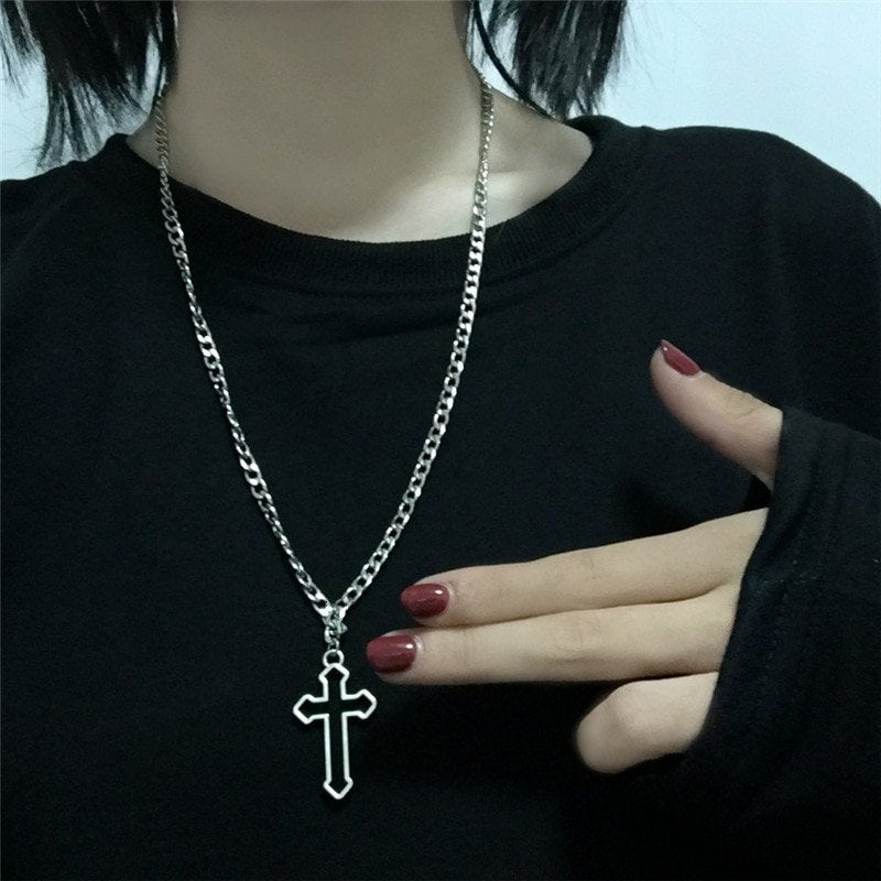 Vintage Gothic Hollow Cross Pendant Necklace Silver Color Cool Street Style Necklace For Men Women Gift Neck Jewelry - BonoGifts
