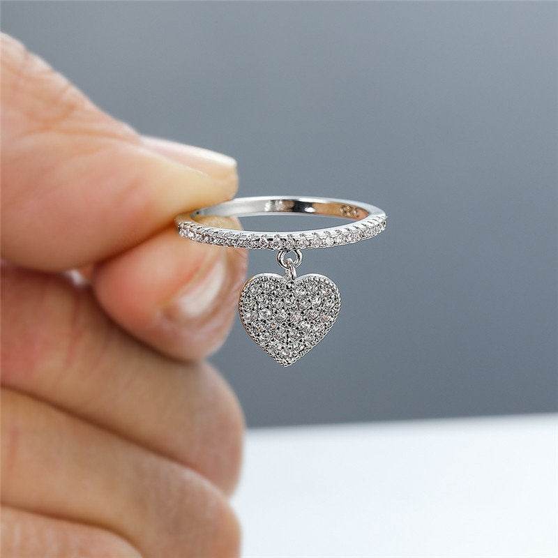Ring With Heart Pendant | Heart Ring | Promise Ring | Heart Pendant White Zircon Ring For Women | Engagement Ring | Female Dainty Heart Ring