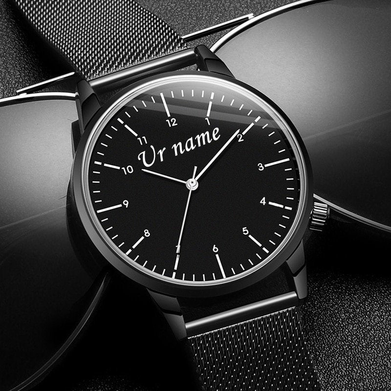 Personalized Men's Watch Customized Engraved with Your Name on Watch Face Wristwatch Man Stainless steel Mesh Band Wrist Watch - BonoGifts