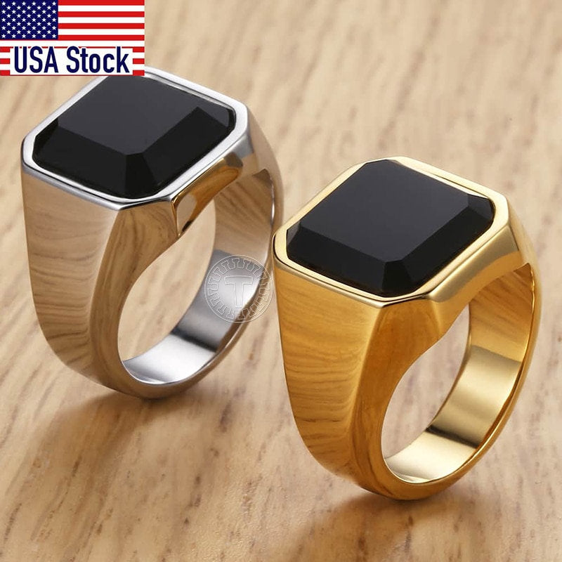 Men's Ring Rock Punk Smooth 316L Stainless Steel Black CZ Gold Silver Color Hip Hop Rings For Men Party Jewelry Wholesale KHRM63 - BonoGifts