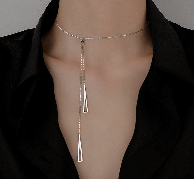 Silver Chain Necklace | 925 Sterling Silver Triangle Necklace | Geometric Jewelry | Long Triangle Silver Pendant | Clavicle Chain Necklaces - BonoGifts