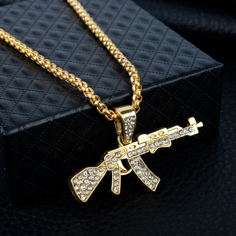 Fashion AK-47 Steampunk Necklace Pistol Submachine Gun Model Hip Hop Crystal Pendant Necklaces Men Christmas Charms Jewelry - BonoGifts