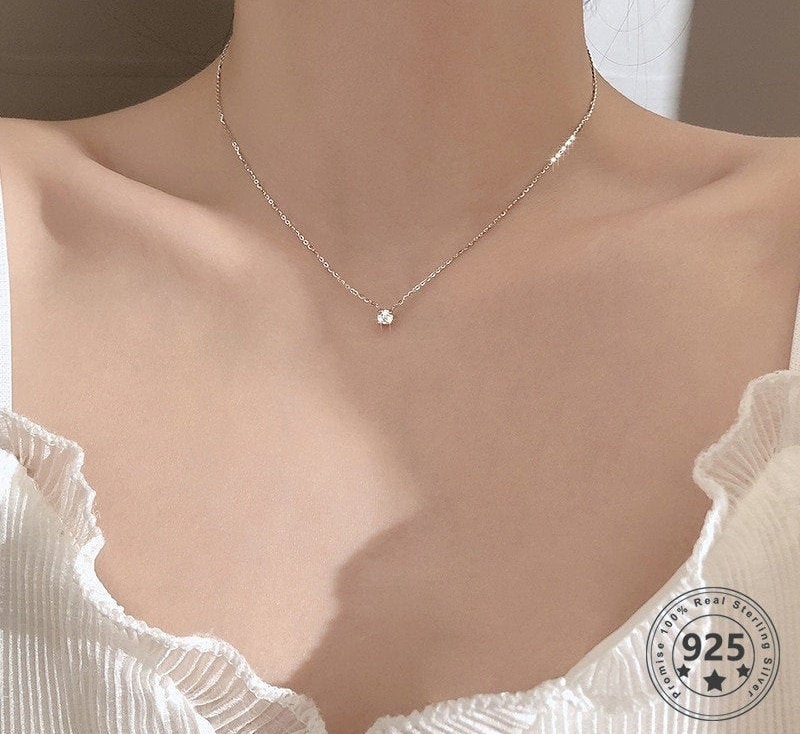 Cubic Zirconia Pendant Necklace | Sterling silver single zircon necklace | 925 Sterling Silver Filled Chain | Classic design for women girl - BonoGifts