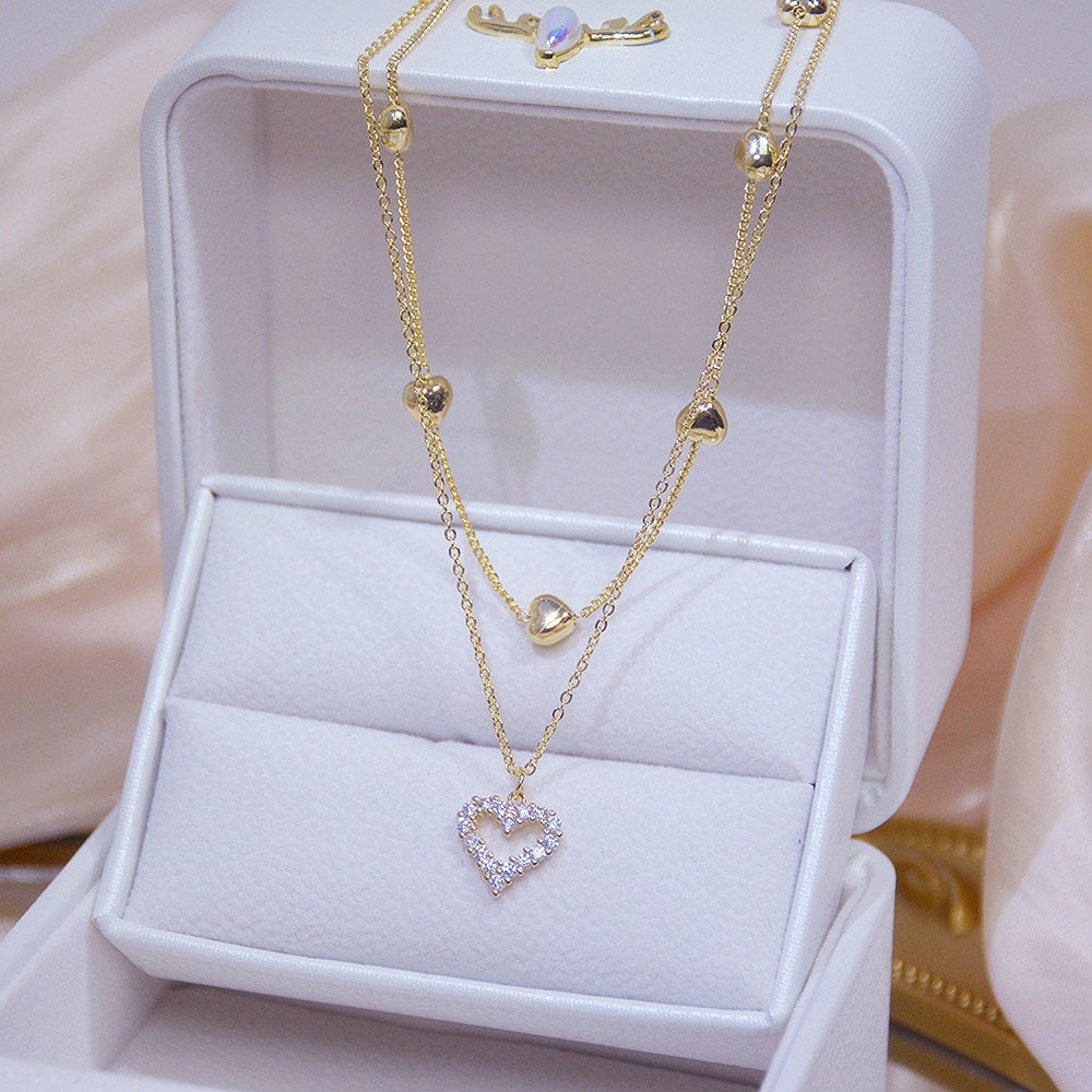 14k Real Gold Double layer Heart Necklace | Shining Bling AAA Zircon | Wedding Pendant Jewelry | Double Layer Heart Pendants Charm Necklace - BonoGifts