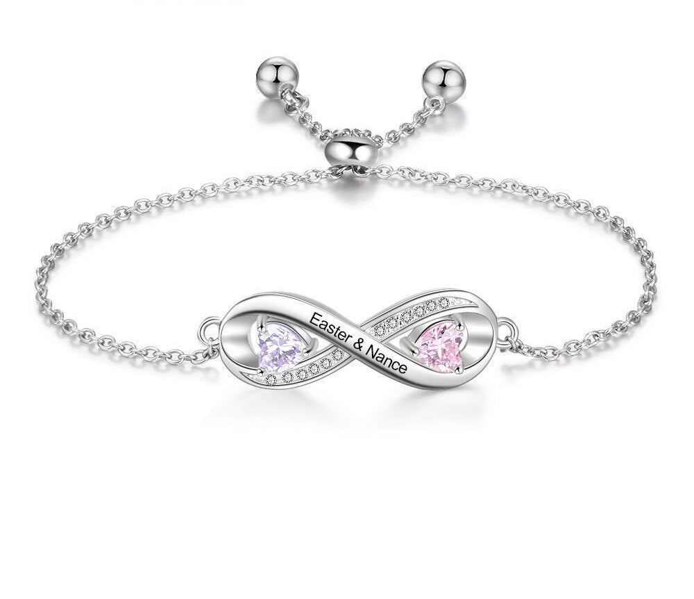 Sterling Silver Bracelet | Personalized Engraved Name Infinity Bracelet with 2 Birthstones | Custom Zirconia Adjustable Chain Bracelets