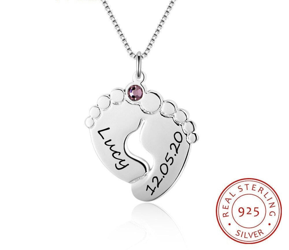 Personalized Birthstones necklace with Baby Feet Name Charm | 925 Sterling Silver Customized Name Pendant Necklace | Gift for  Mother Kid