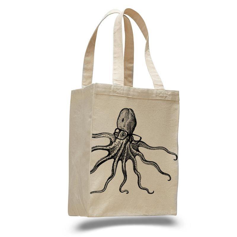 Oktopus mit Brille - natürliche Einkaufstasche aus Baumwollleinen