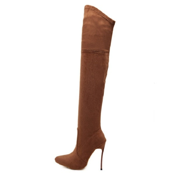 Sexy Overknee-Stiefel | Frau Flock Leder Dicke High Heels | Damenstiefel | Winter-schwarze Aprikosen-Brown-Partyschuhe
