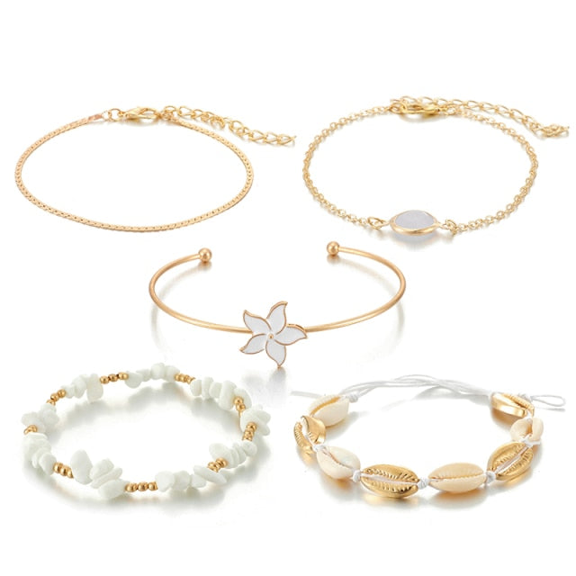 5pcs/sets Natutal Stone Bead Bracelets for Women White Flowers Summer Shell Opeal Chain Sea Jewelry