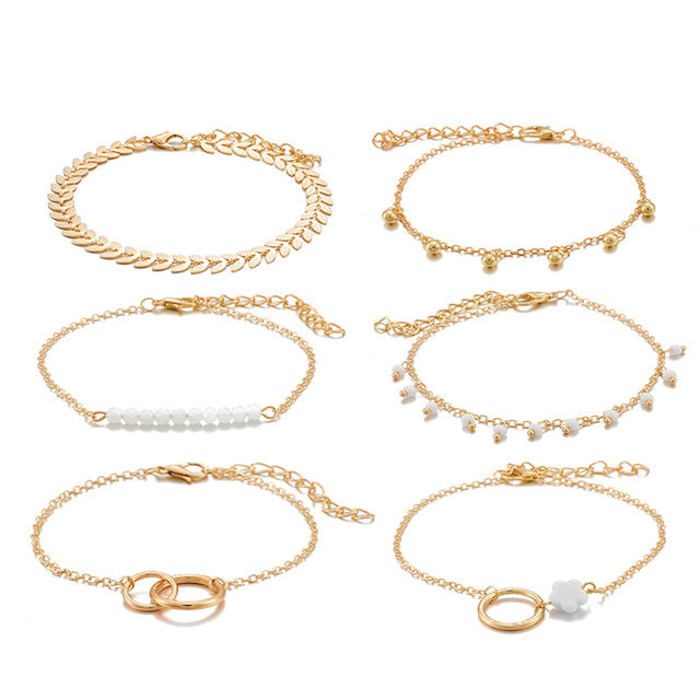 Bohemian Gold Tassel Bracelets for Women Boho Jewelry Geometric Leaves Beads Layered Hand Chain Charm Bracelet Set