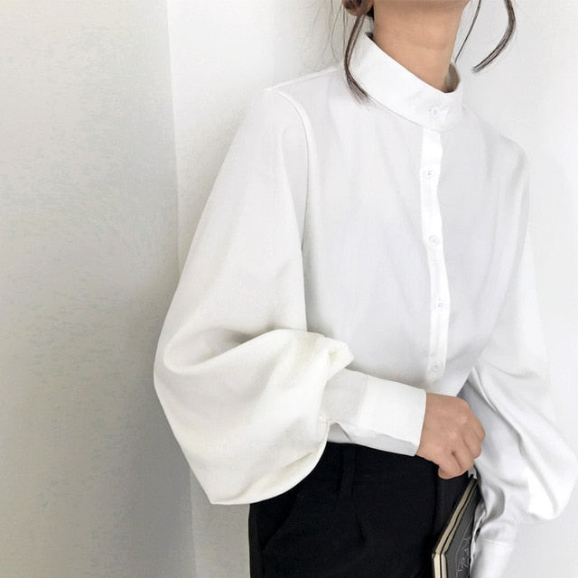Big Lantern Sleeve Blouse Women   Single Breasted Stand Collar Shirts Office Work Blouse Vintage Blouse Shirts