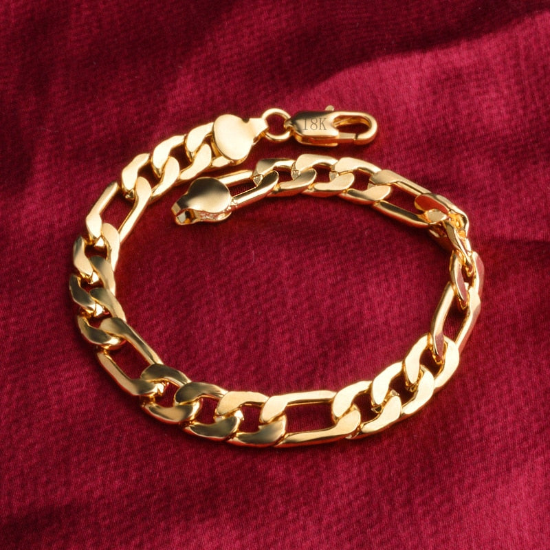 18 K reine Goldfarbe Armbandkette 8MM 21cm Armbänder Figarokette für Männer männliche Armkette Pulseiras de Ouro