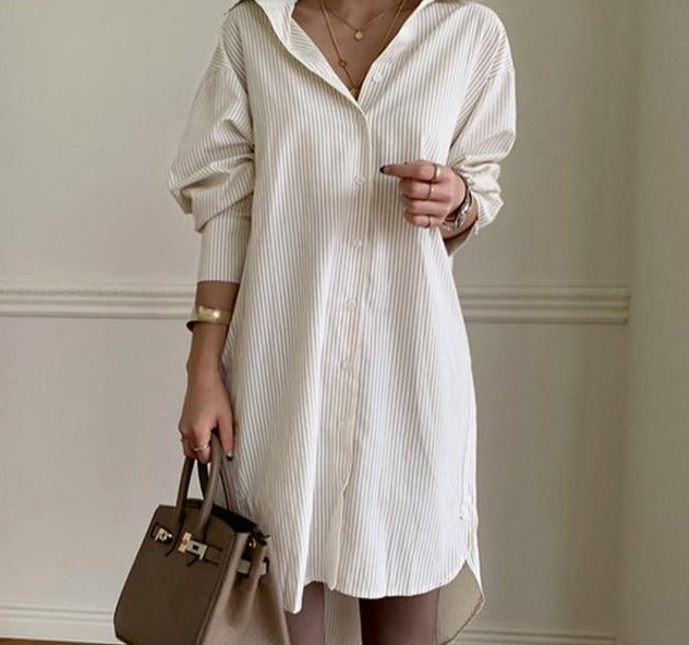 Vintage 90er Jahre gestreiftes Langarmshirt | Weißes gestreiftes Baumwollhemd mit Knopfleiste | Damen Baumwollbluse | Lässiges Langarm-Blusenhemd