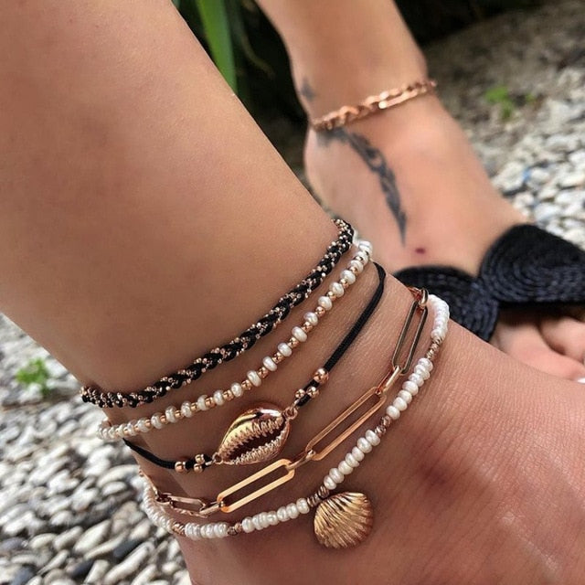 Boho Gold Shell Cowrie Anklet Set for Women Black Weaving White Pearl Charms Beaded Anklet Foot Chain Jewelry