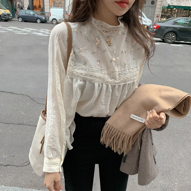 Women Lace Blouses | Stand Collar Women Lace Top | Summer Fancy Top | Women Blouse | Long Sleeve Blouses | Korea Japan Style Lace Top Shirt - BonoGifts