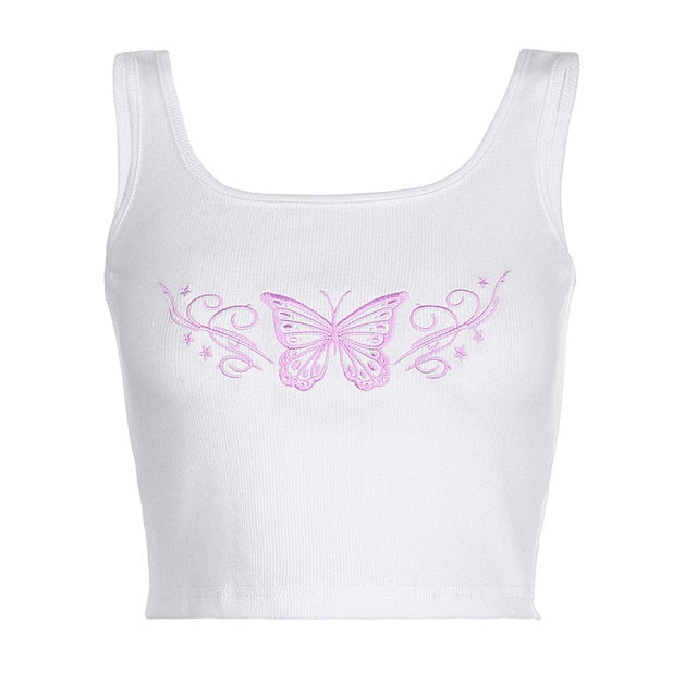 Butterfly Print Crop Top | Butterfly Print Vest | Sleeveless Top | Women Streetwear Tops | Summer Casual Vest | White Mini Vest Crop Tops