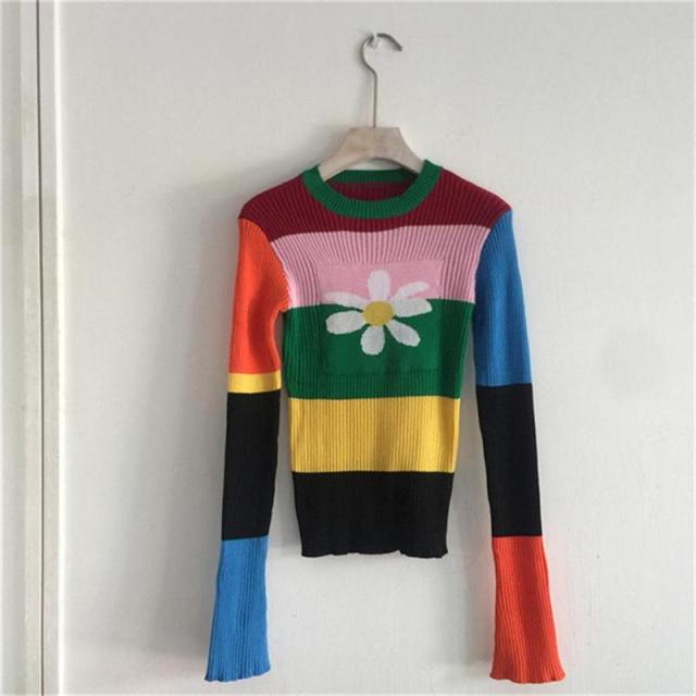 Flowers Sweater | Knitted Rainbow Sweater | Women Sweater | Crew-Neck Long Sleeve Sweater | Women Trendy Sweater | Women Botanical Sweater