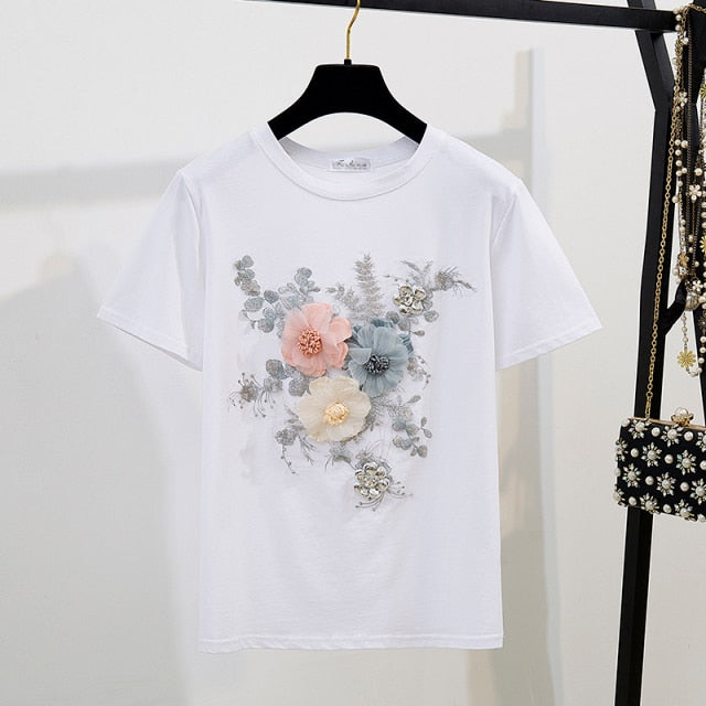 Floral Top and Denim Short | Embroidered Denim T-shirt shorts Set | High Waist Ripped Denim Shorts | Vintage Floral Cut off Jean Short Shirt - BonoGifts