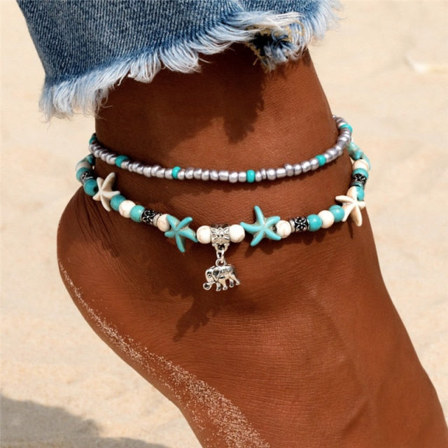 Strand-Fußkettchen | Perlen Fußkettchen | Muschel Perlen Seestern Fußkettchen | Böhmisches Fußkettchen | Boho Fußkette | Frauen-Fuß-Armband | Frauen-Knöchel-Armband