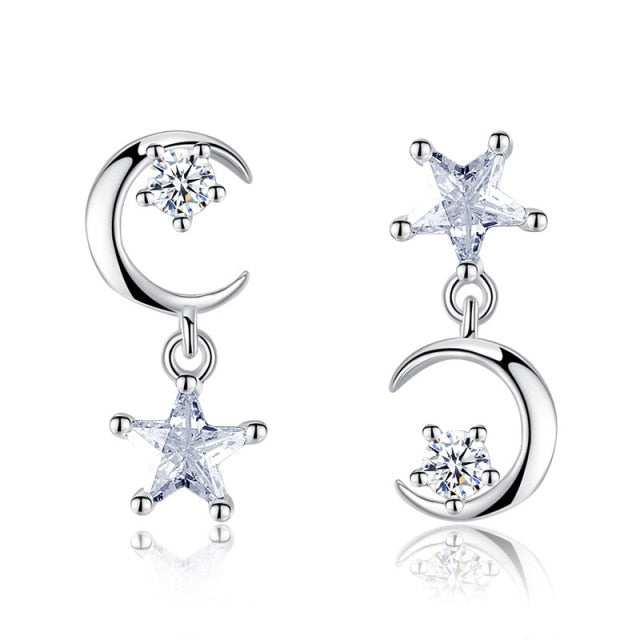 925 Sterling silver colour Earrings Personality Simple Zircon Star Moon Asymmetric Earrings