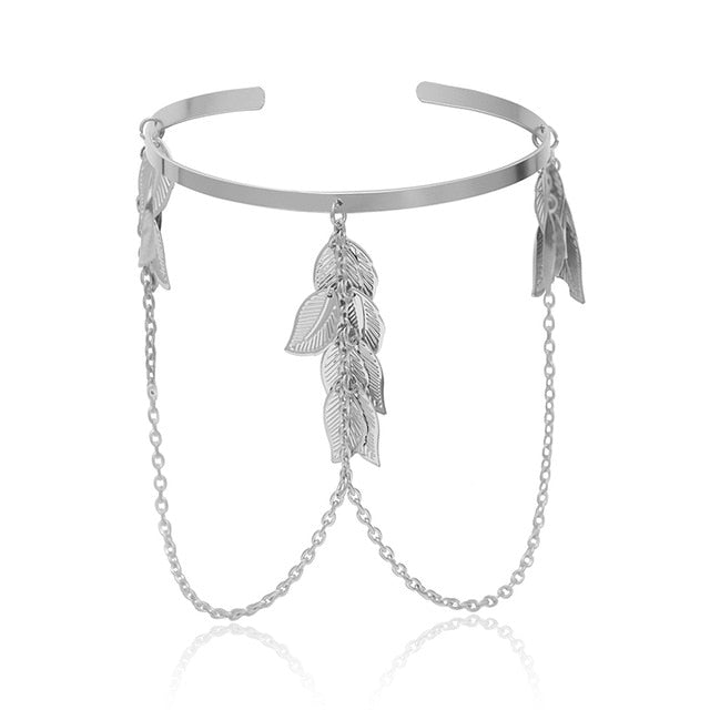 PuRui Bohemian Leaf Charm Upper Arm Bracelet Metal Leaves Tassel Pendants Arm Cuff Bangle Bracelets for Women Jewelry