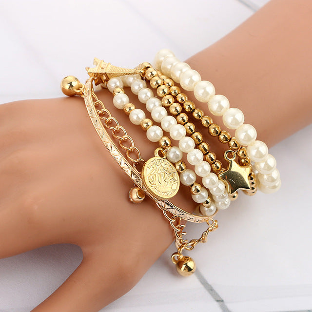 6 teile/satz Gold Farbe Perlen Perle Stern Mehrschichtige Perlen Armbänder Set für Frauen Charme Party Schmuck Geschenk