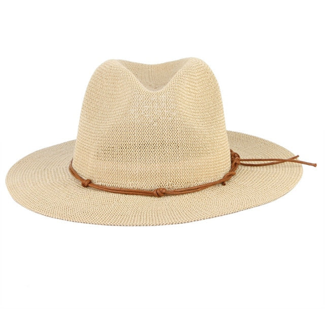 Sombrero de paja de verano | Sombreros de Panamá estilo crucero ahueca hacia fuera el sombrero de paja para hombres y mujeres cinta de cuero ala grande sombrero de playa para el sol gorra de Jazz Fedora