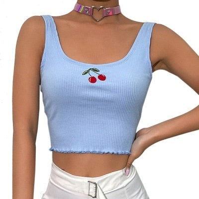 Cotton Ribbed Cherry Embroidery Tank Top Sweet Cropped Sleeveless Summer Top Vest   Crop Tops Clothing